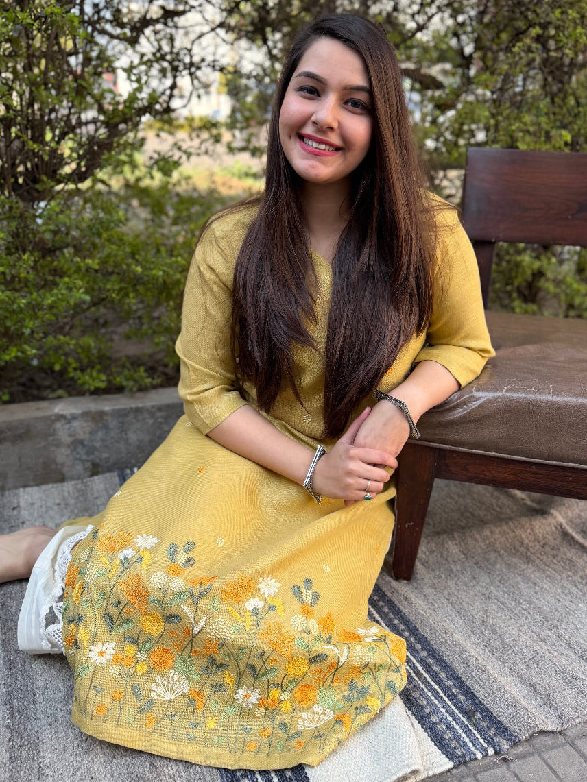 Lemon embroidered Linen Kurta by MySanskritam