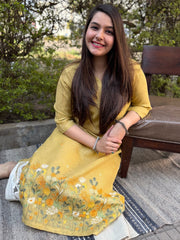 Lemon embroidered Linen Kurta by MySanskritam
