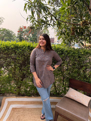 Blue beige geometric button kurti