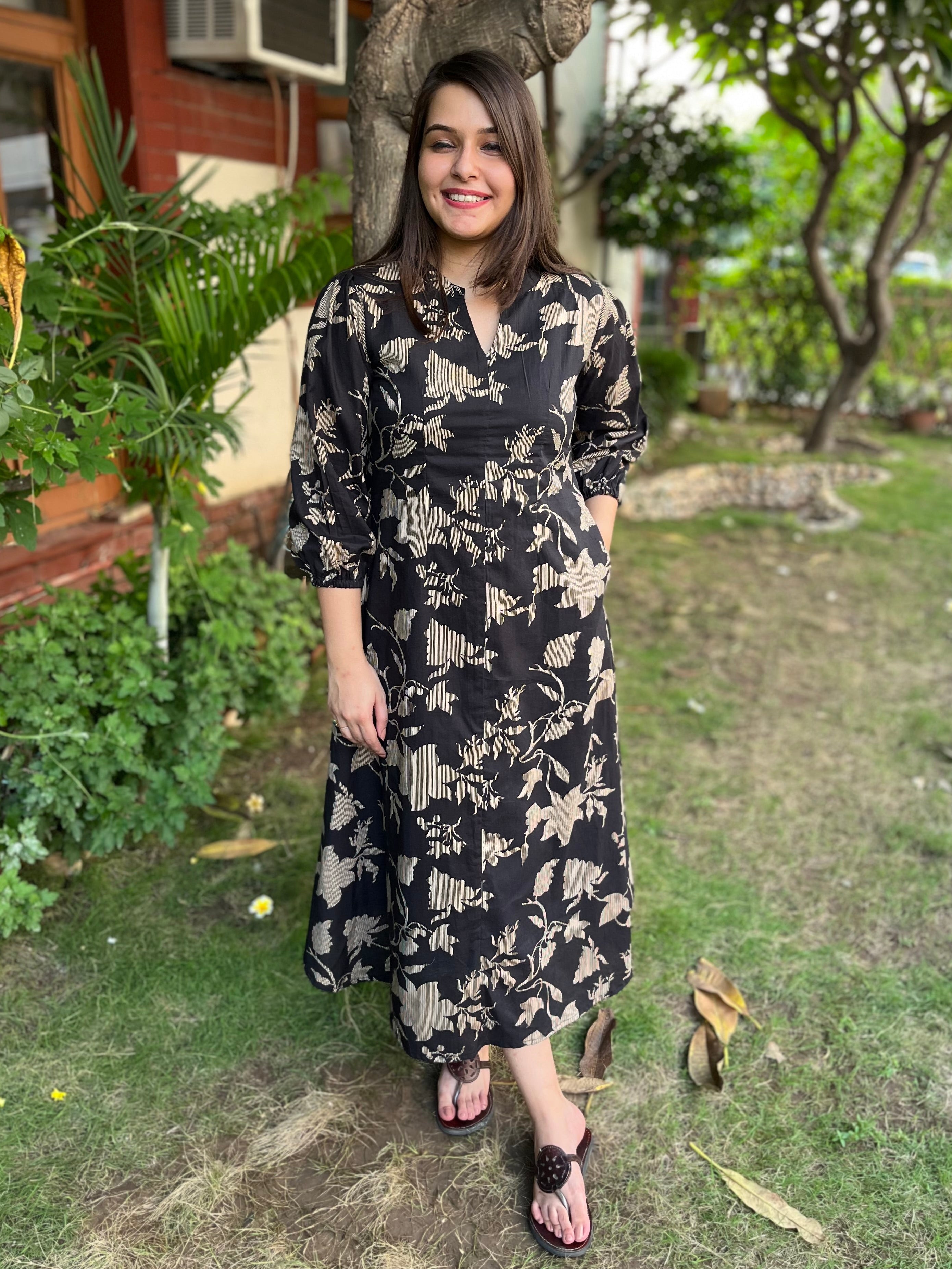 Black Floral dress with pockets - MYSANSKRITAM