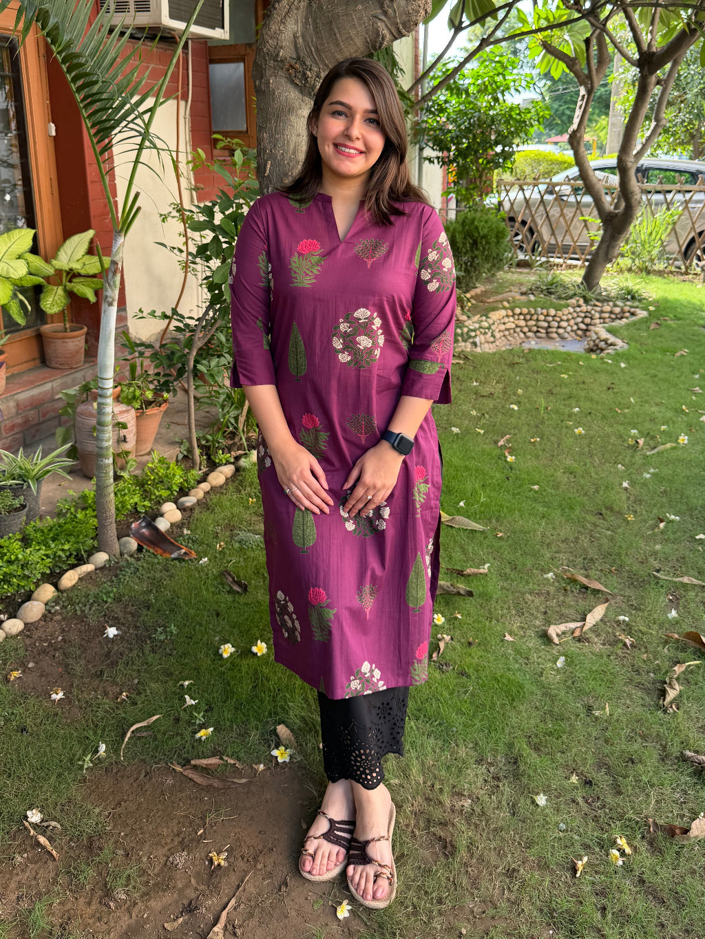Wine Big Leaf Flower Ban-Neck Kurta by Sanskritam