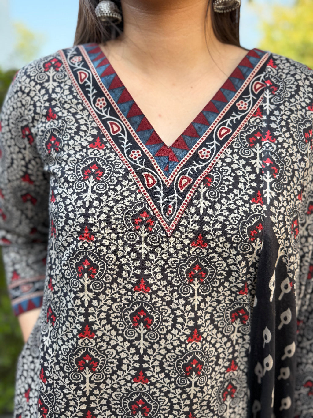 Black Overall Printed Aline Full Suit Set close up by MySanskritam