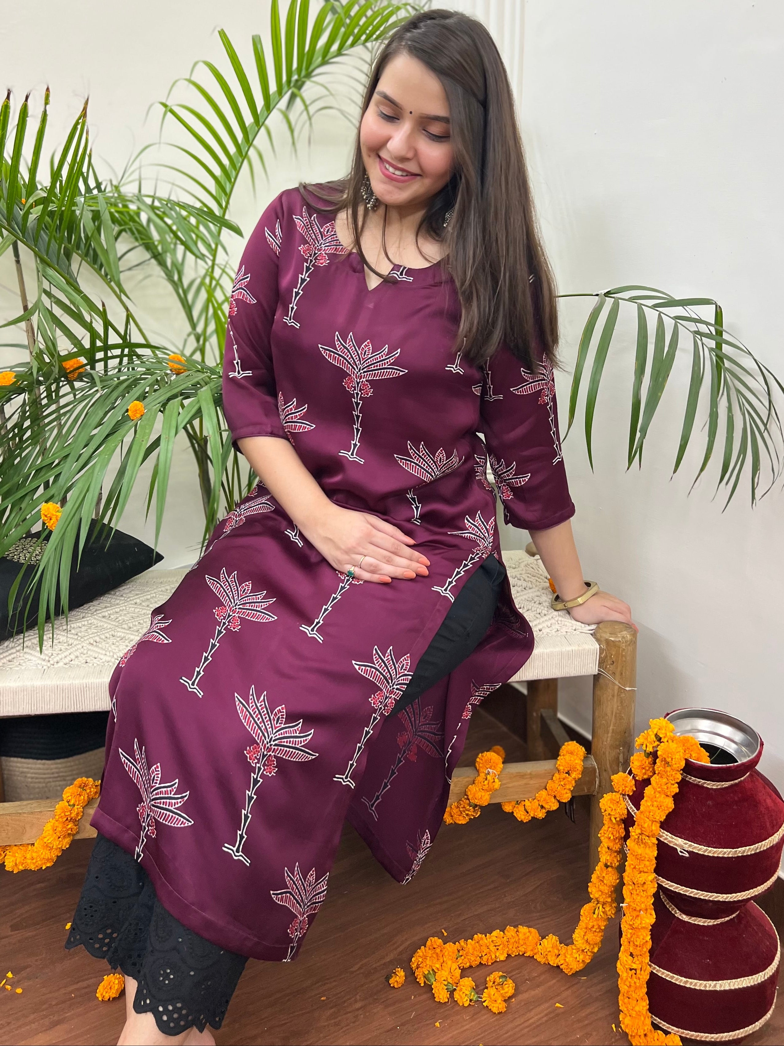 Premium Modal Wine Tree long kurta - MYSANSKRITAM