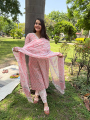 Peach grey floral handblock full suit set
