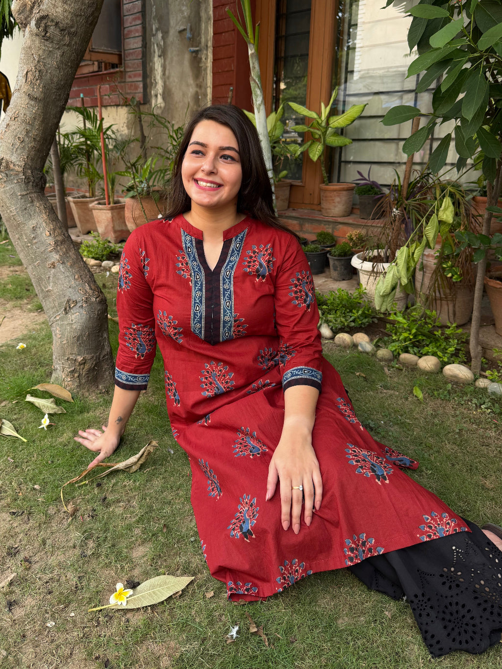 Maroon Peacock Ban Neck Kurta by MySanskritam