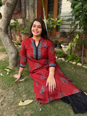 Maroon Peacock Ban Neck Kurta by MySanskritam