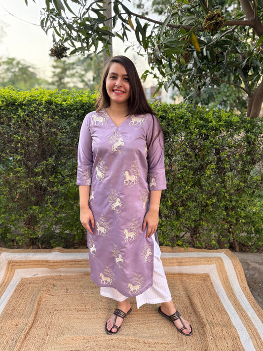 Lavender full embroidered Long kurta