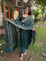 Bottle Green Banarsi Silk Suit Set by MySanskritam