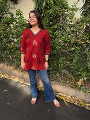 Red V-neck Handblock Leaf Short Kurti