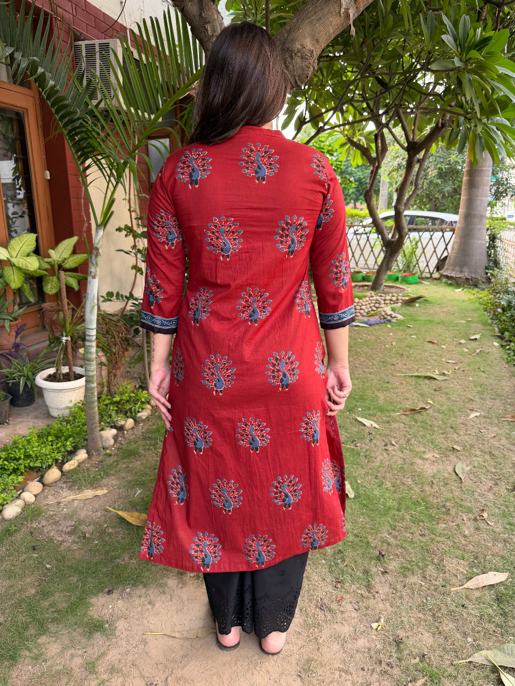Maroon Peacock Ban Neck Kurta from the back by MySanskritam