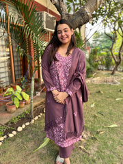 Purple embroidered Woollen full suit set
