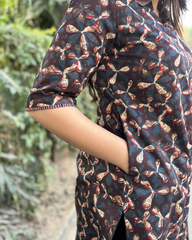 Dark brown overall printed kurta with pocket