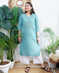 Ferozi linen kurta with chanderi duppata