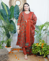 Red Floral Sanganeri aline full suit set