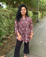 Wine floral Sanganeri pintucks top