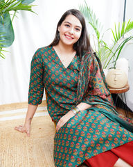 Bottle green Sanganeri kurta duppata set