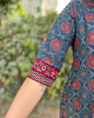 Indigo geometric collar kurta with pocket