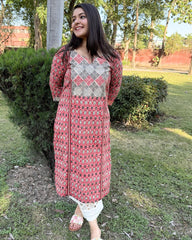 Brick red handblock kurta