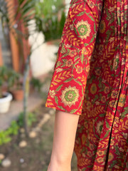 Brick Red floral Sanganeri pintucks top