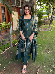 Bottle Green Banarsi Silk Suit Set by MySanskritam