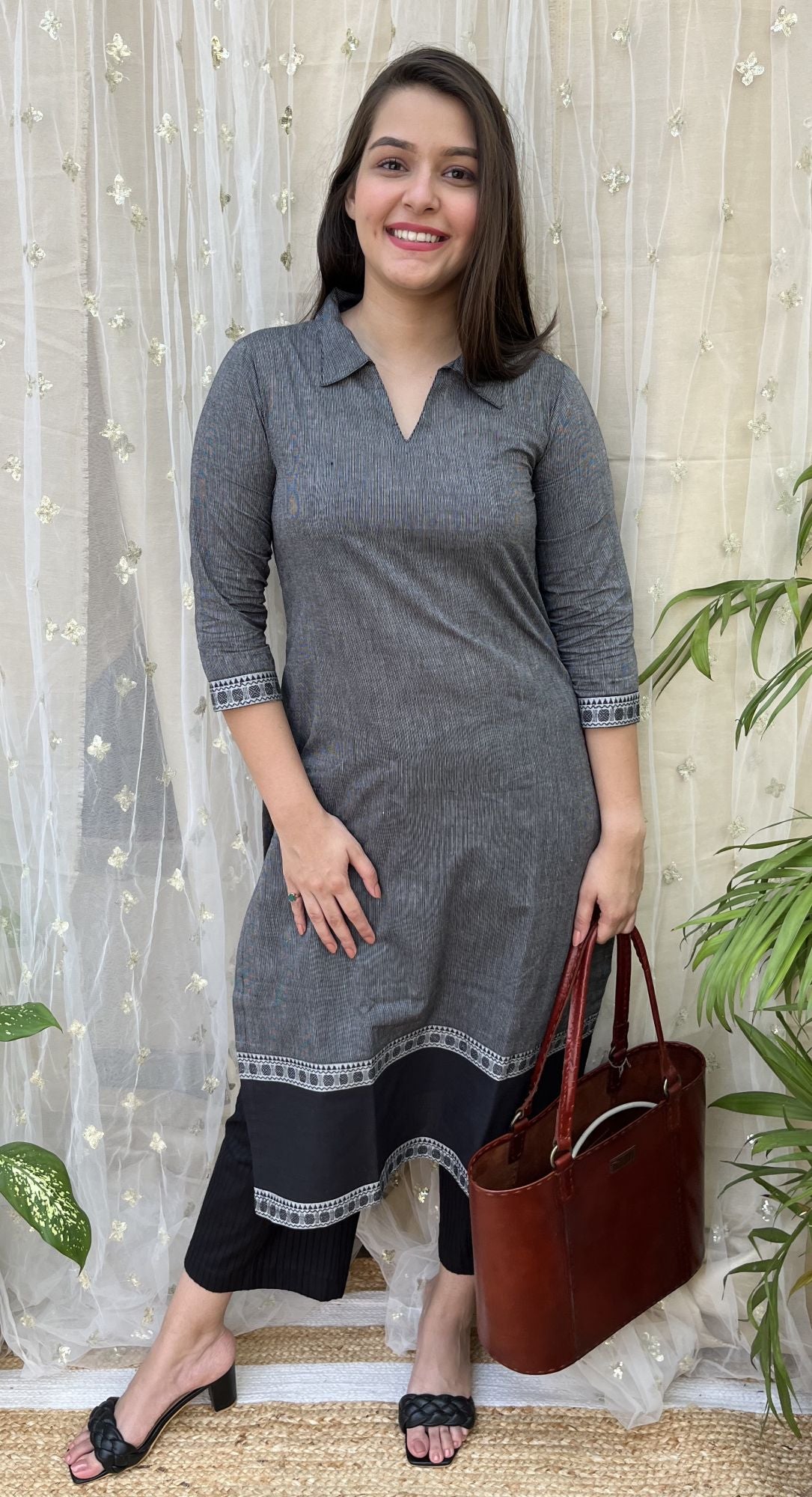 Black Grey Stripes Office Wear Kurta - MYSANSKRITAM