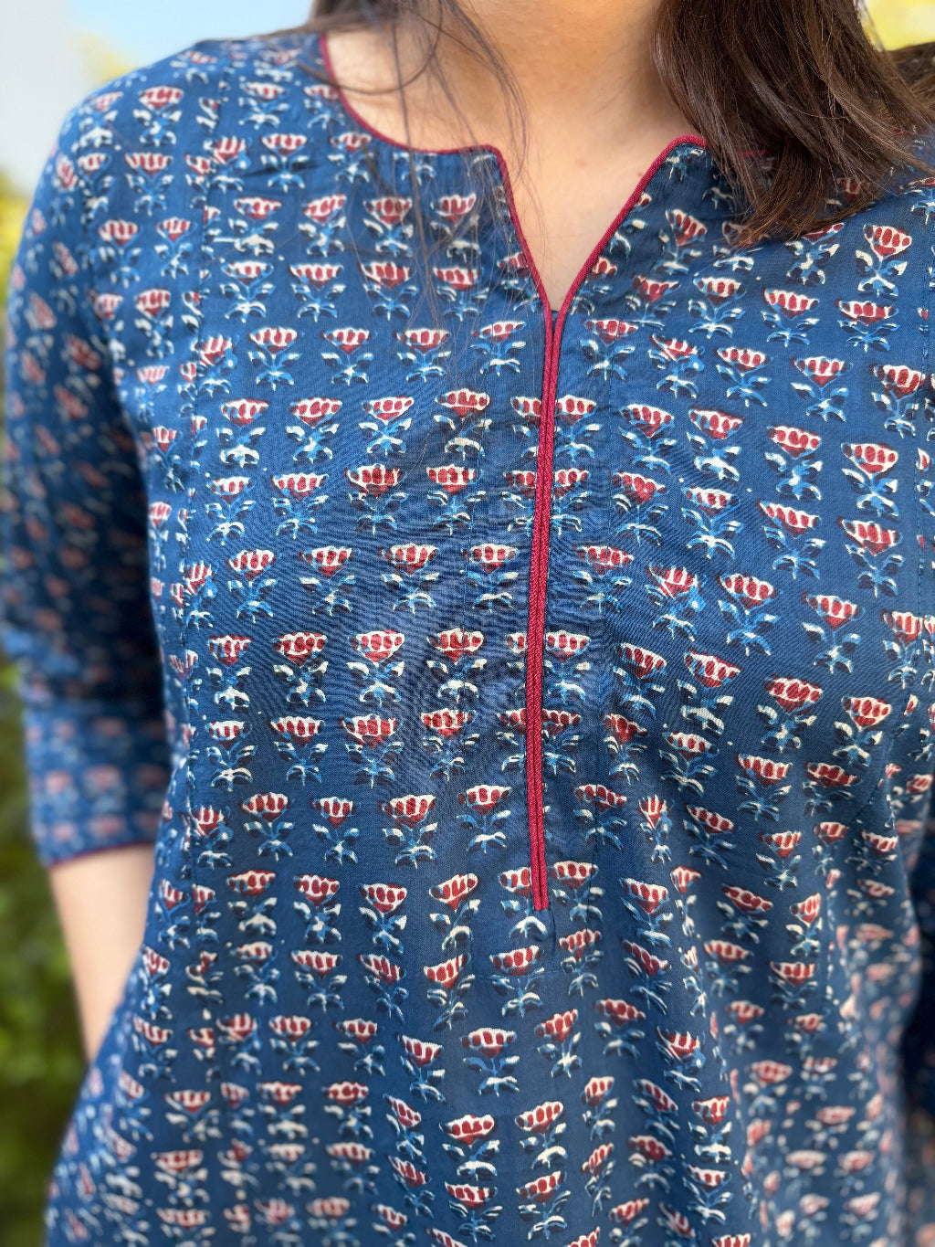 Blue Rose Aline Kurta close up by Sanskritam