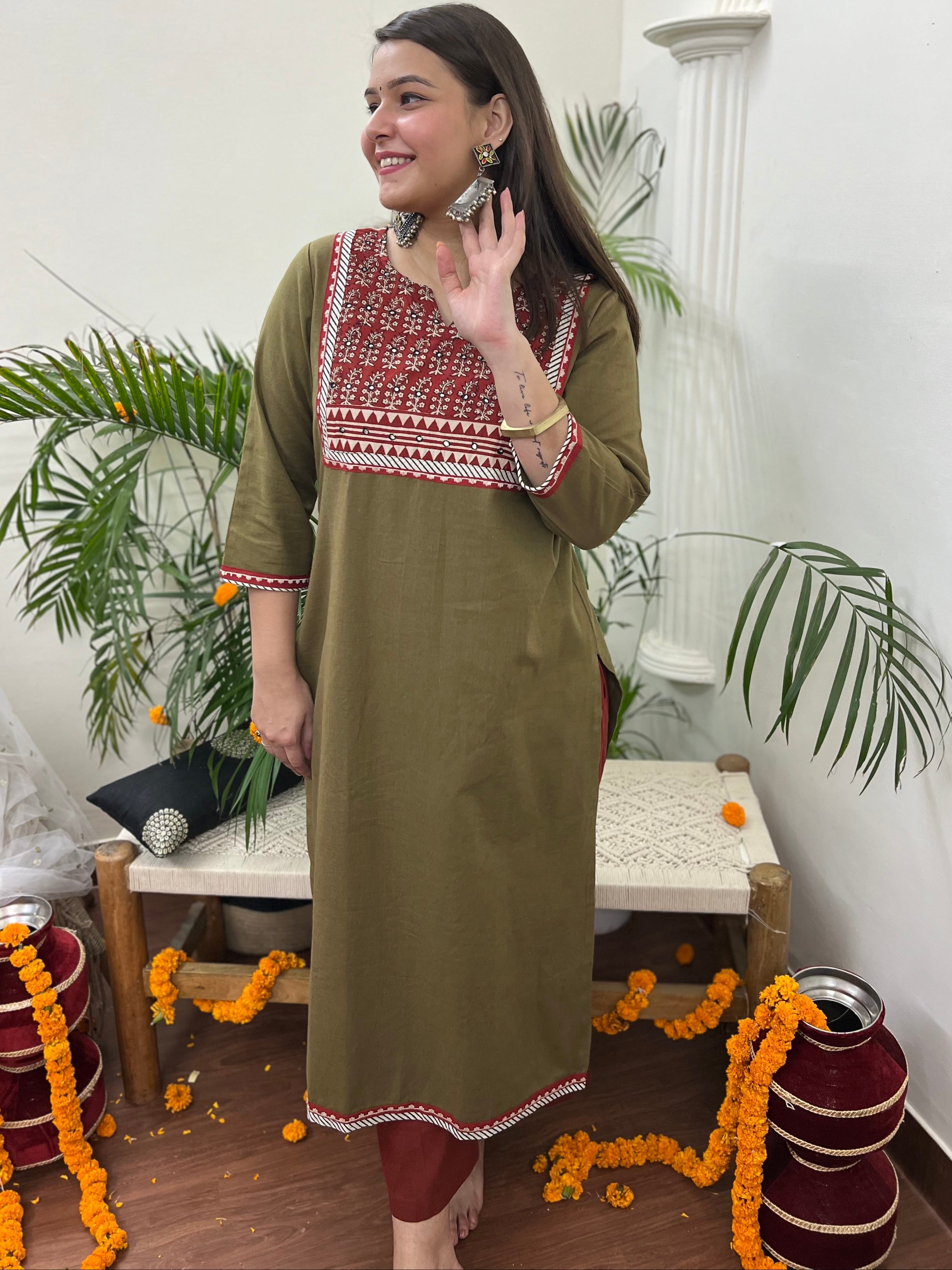 Mehendi embroidered yoke Long kurta - MYSANSKRITAM