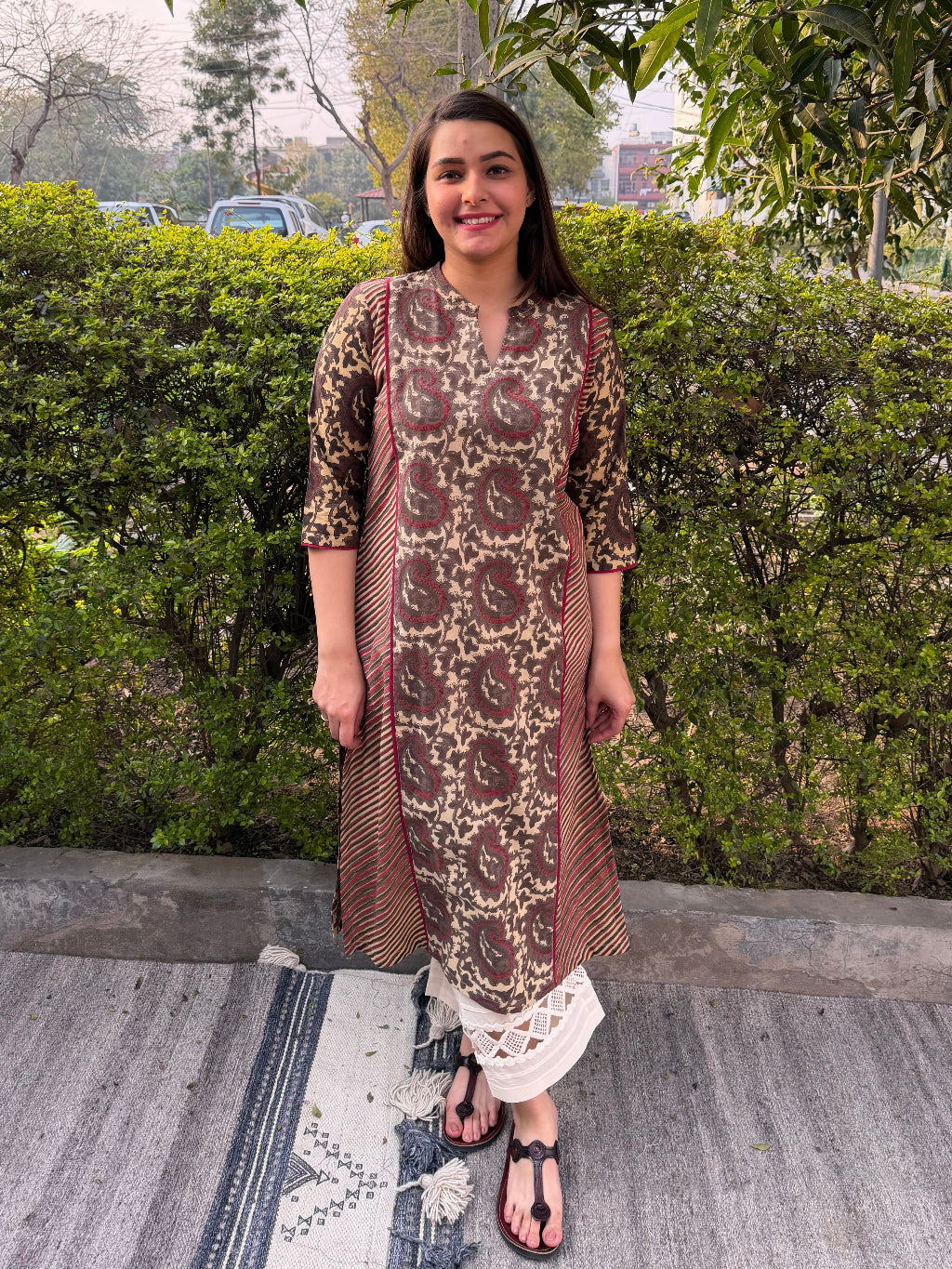 Ruhani Brown Rose Handblock Kurta by Sanskritam