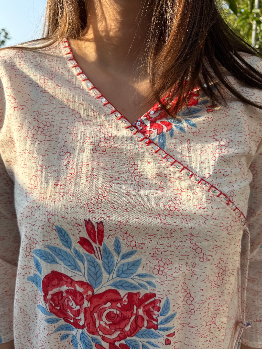 Muglai Handblock Tassel Co-ord Set neck detail by Sanskritam