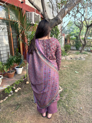 Onion pink digital printed woollen suit set with embroidery