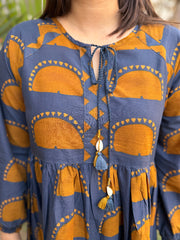 Indigo Mustard Dress neck detail by Sanskritam