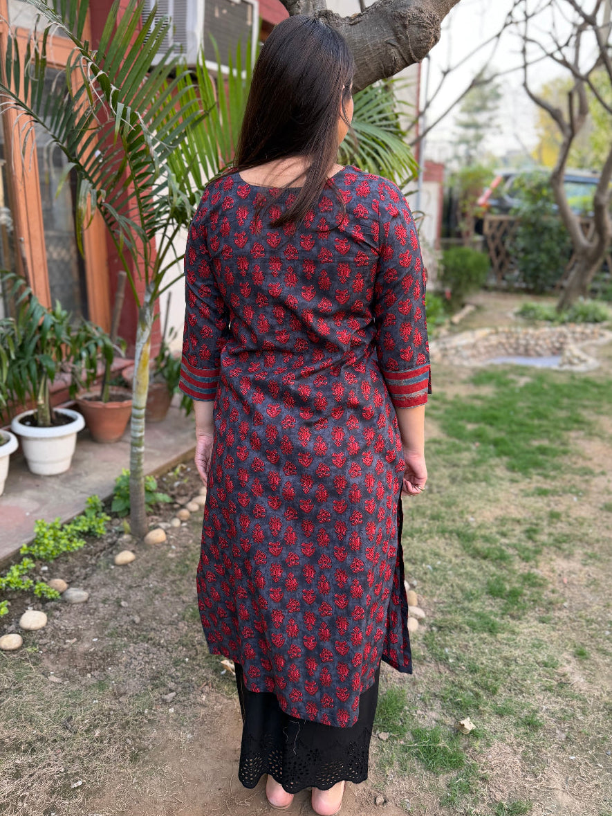 Maroon Buti Grey Kurta from the back by Sanskritam