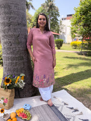 Pink floral embroidered linen kurta