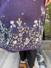 Purple embroidered Linen Kurta embroidery detail by MySanskritam