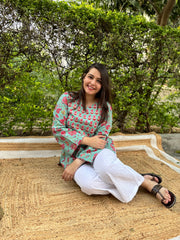 Sea green floral yoke kurti