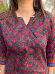 Maroon Buti Grey Kurta close up by Sanskritam