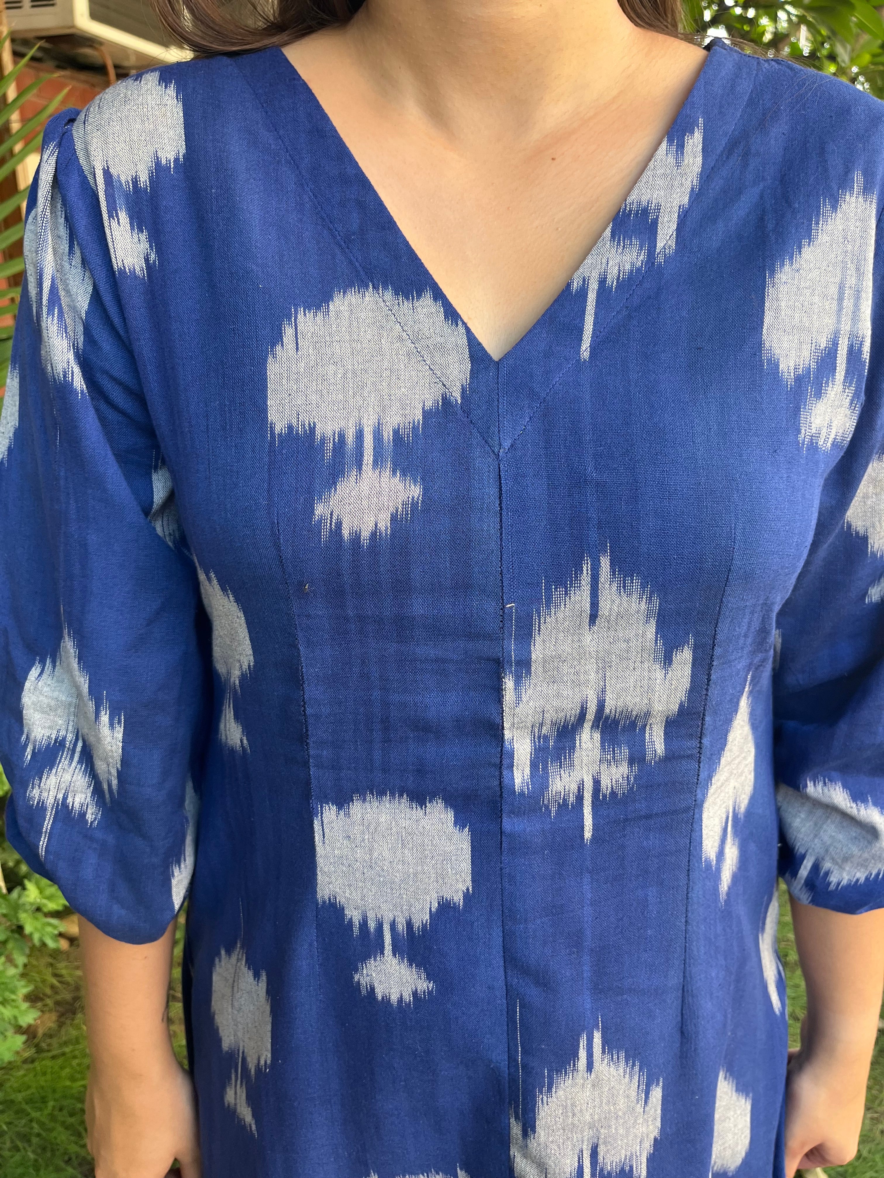 Royal Blue Ikkat Dress (with pocket) - MYSANSKRITAM