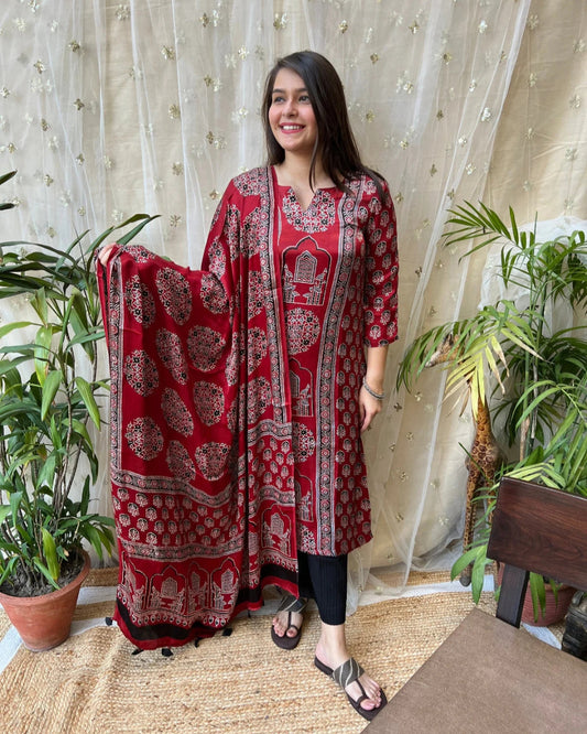 Maroon minar Premium Modal Silk Kurta Duppata Set