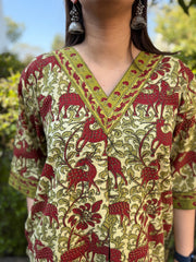 Reindeer Green Bagru Top Close Up by MySanskritam