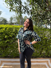 Blue abstract modal silk top