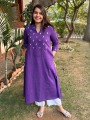 Purple embroidered yoke A-line kurta with pockets