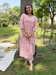 Pink Floral Pintucks Co-ord Set by Sanskritam