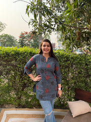 Indigo Ajrakh ban neck kurti