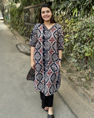 Black ajrakh V neck kurta with pocket
