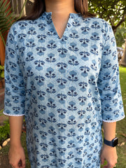 Blue Floral Kurta up close by Sanskritam