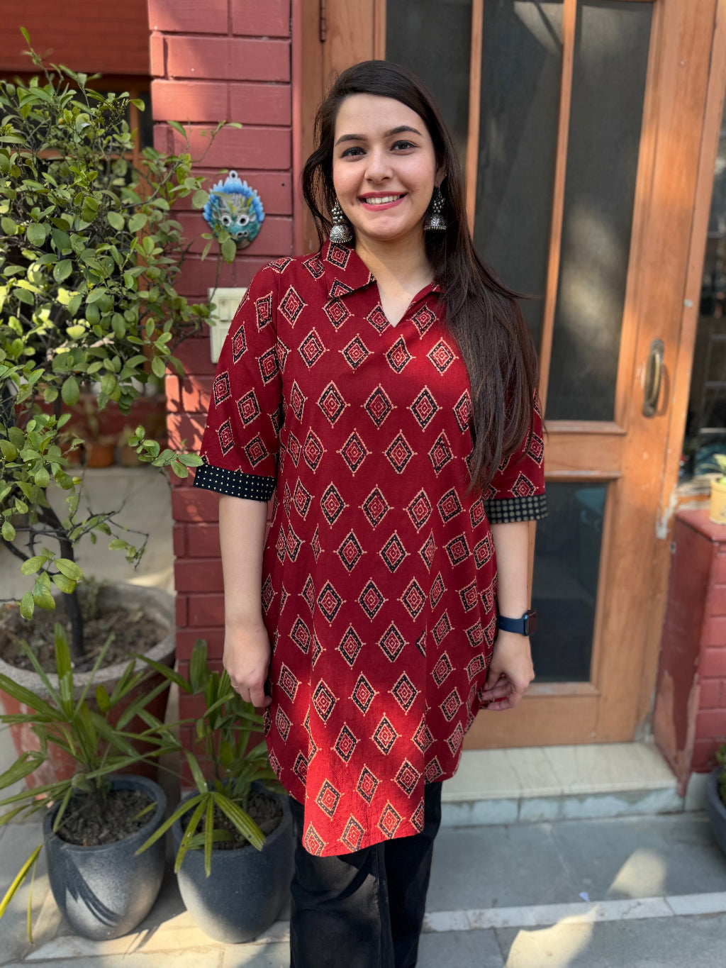 Maroon Ajrakh Barfi Top by Sanskritam
