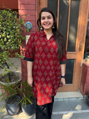 Maroon Ajrakh Barfi Top by Sanskritam