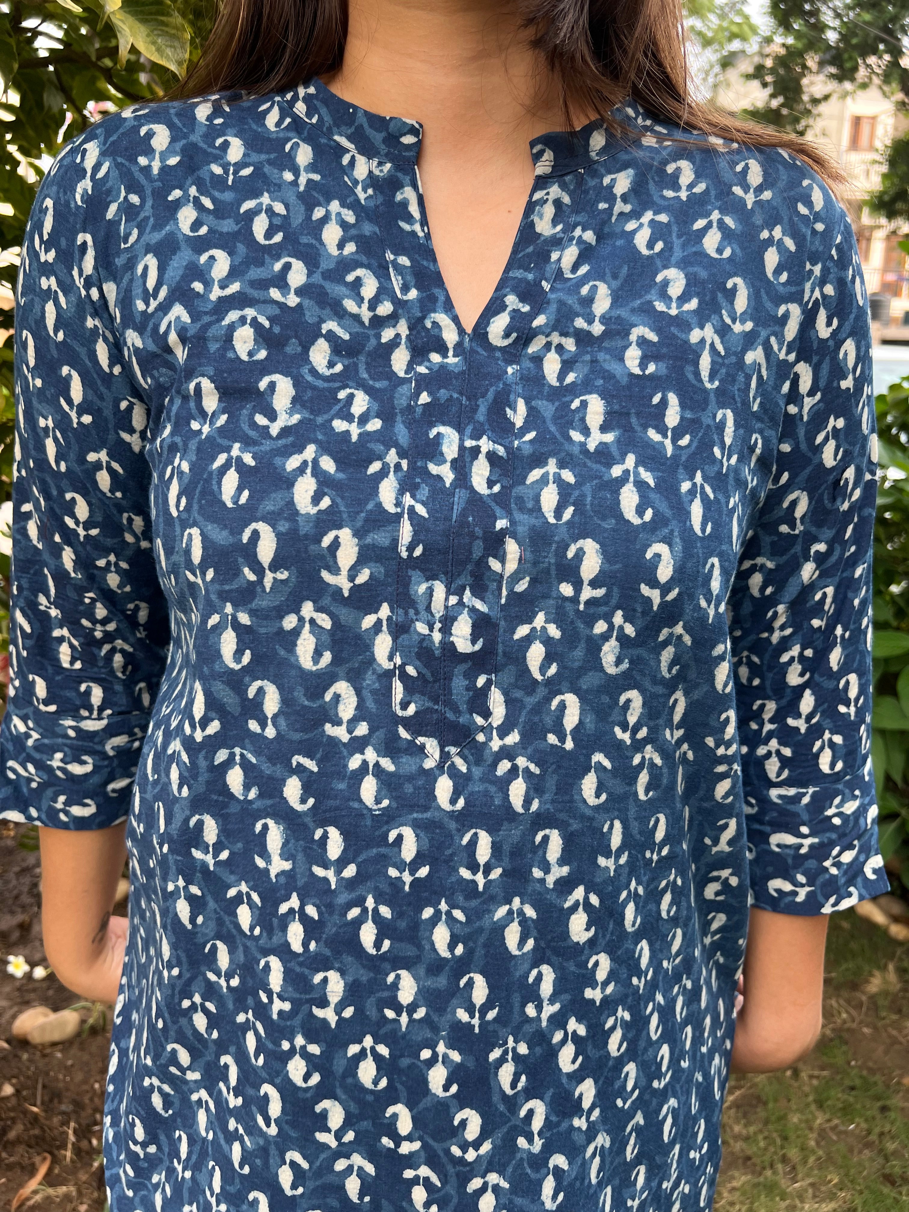Indigo Ban neck Ambi kurti - MYSANSKRITAM