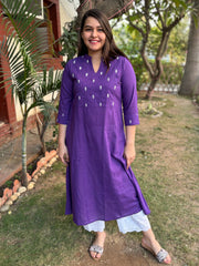 Purple embroidered yoke A-line kurta with pockets