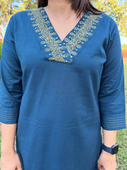 Peacock Blue V-Neck Embroidered Kurta